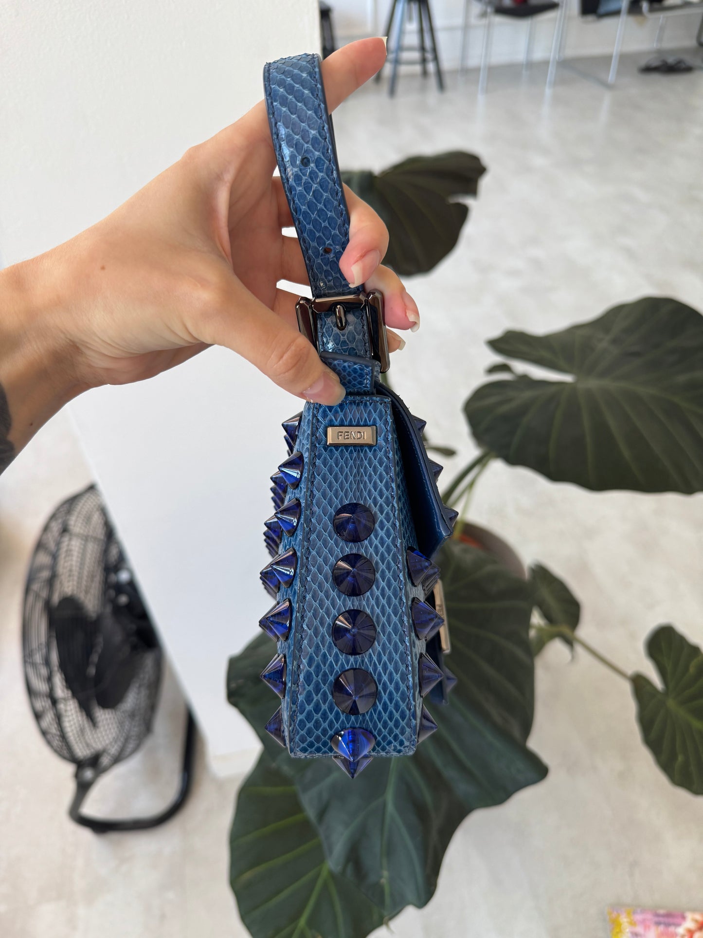 Fendi 2015 Blue Snakeskin Studded Baguette