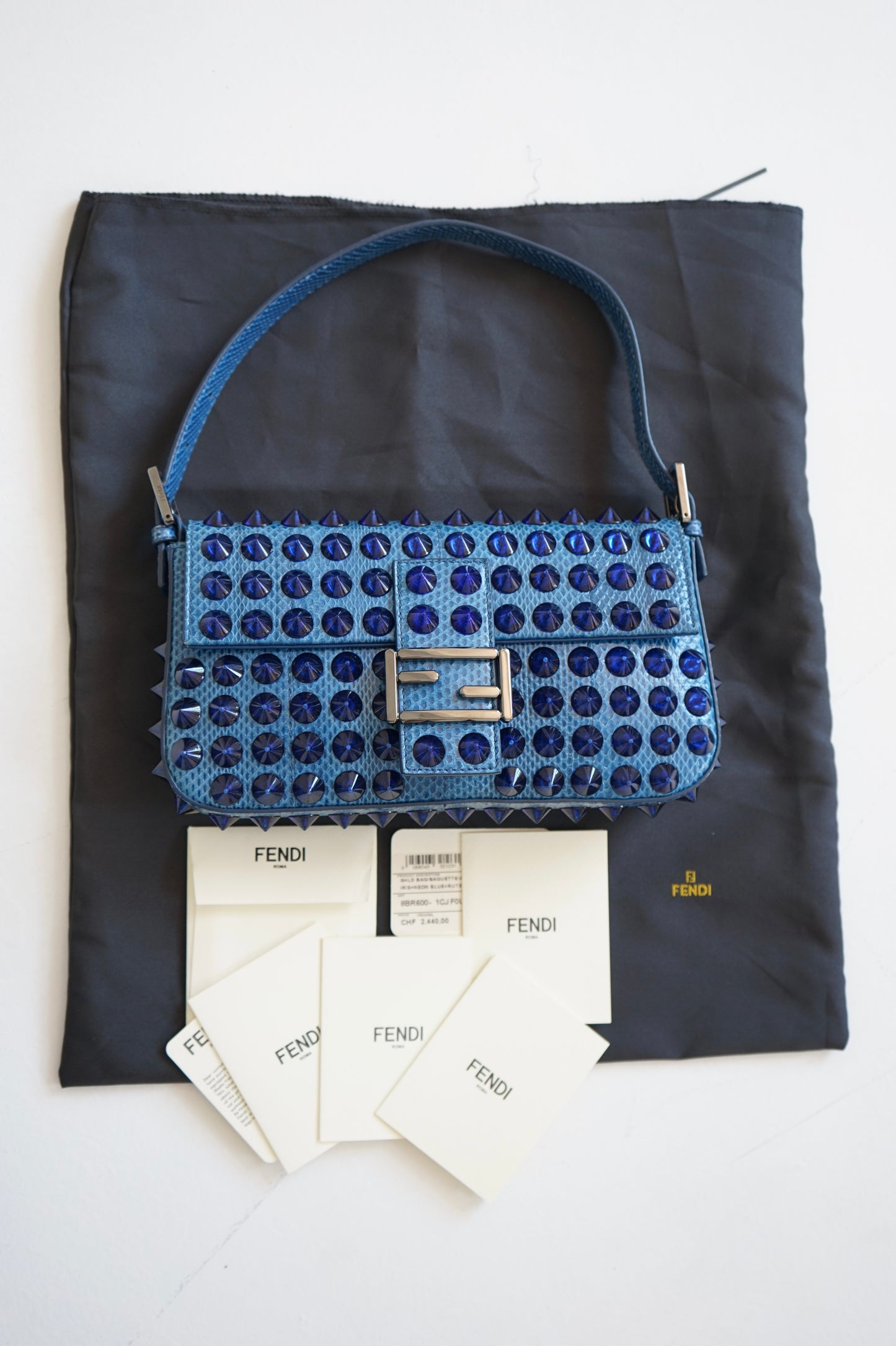 Fendi 2015 Blue Snakeskin Studded Baguette