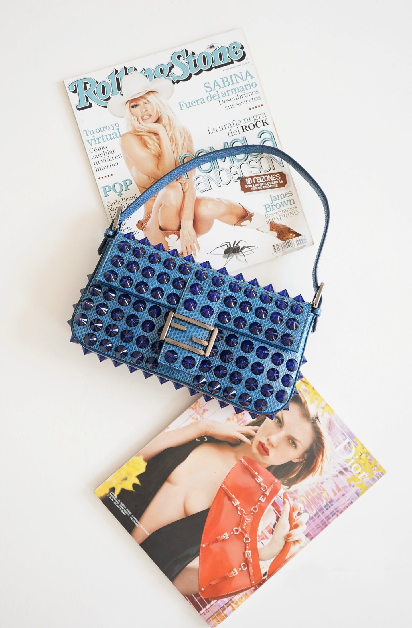 Fendi 2015 Blue Snakeskin Studded Baguette