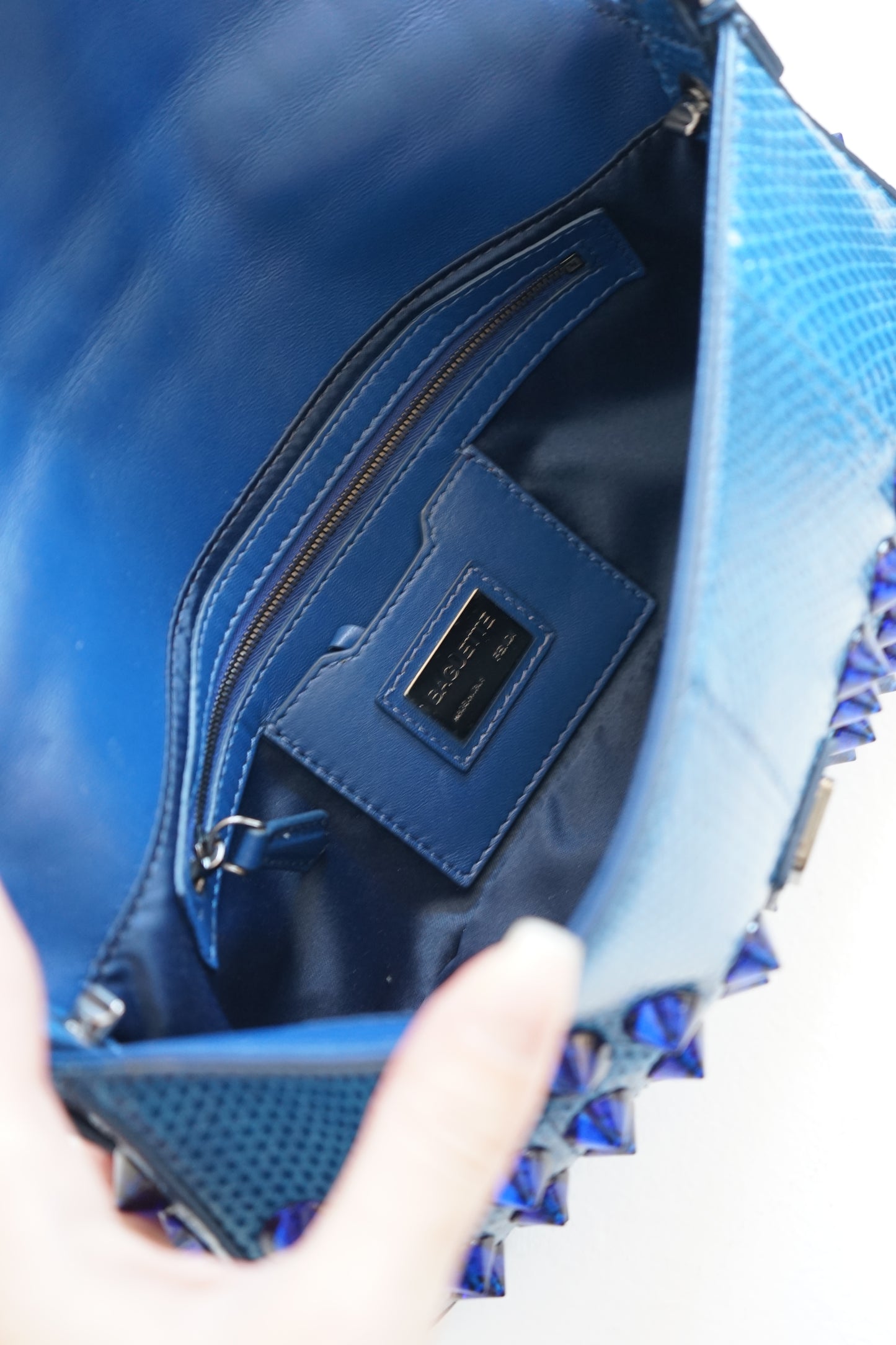 Fendi 2015 Blue Snakeskin Studded Baguette