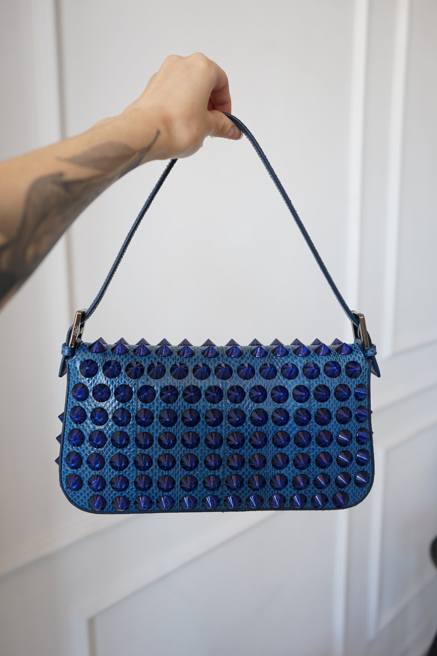 Fendi 2015 Blue Snakeskin Studded Baguette