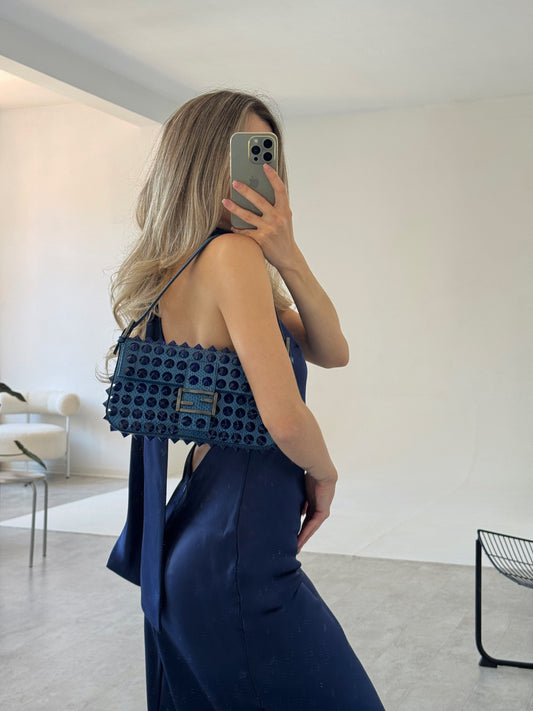 Fendi 2015 Blue Snakeskin Studded Baguette