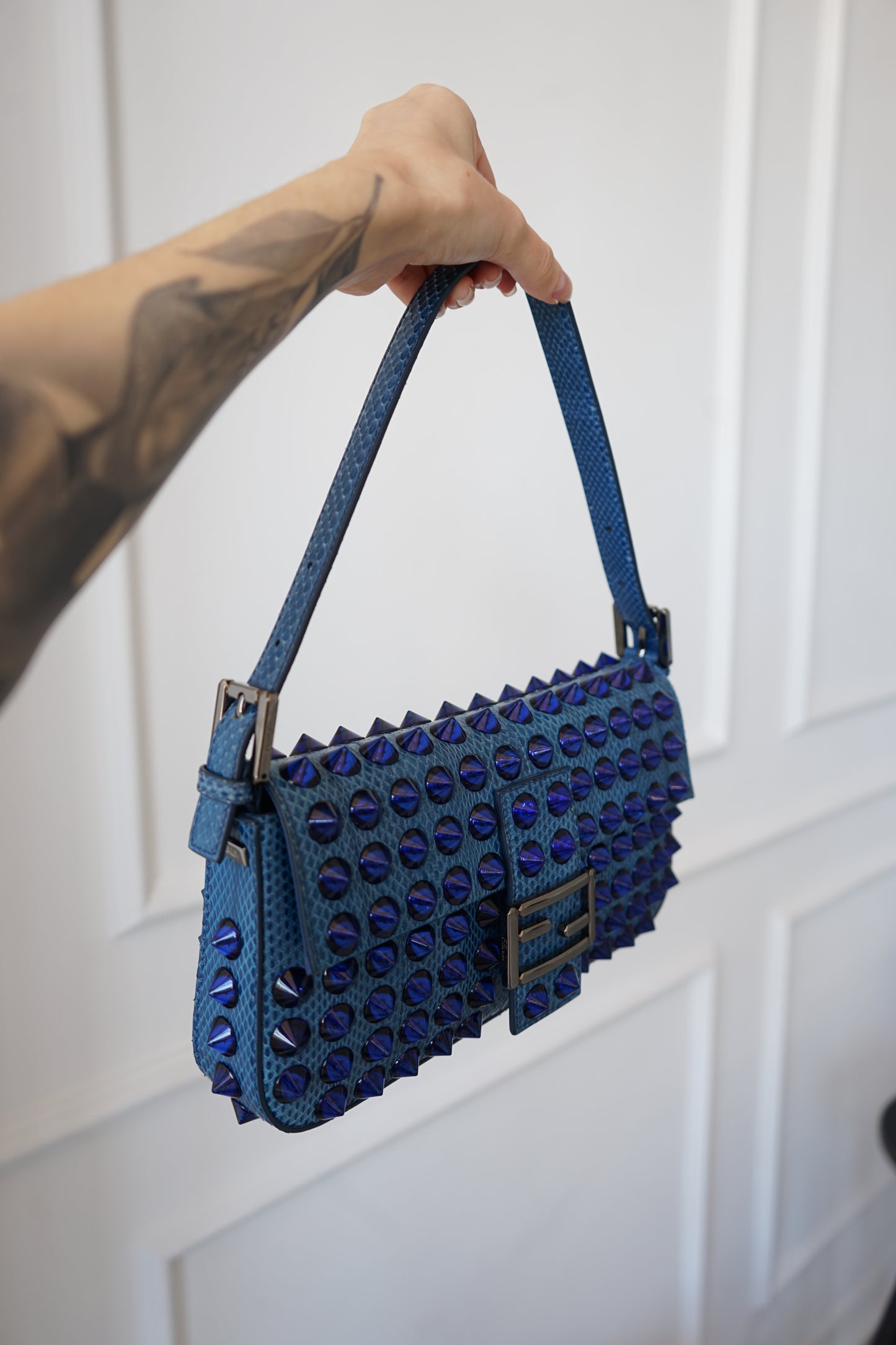 Fendi 2015 Blue Snakeskin Studded Baguette