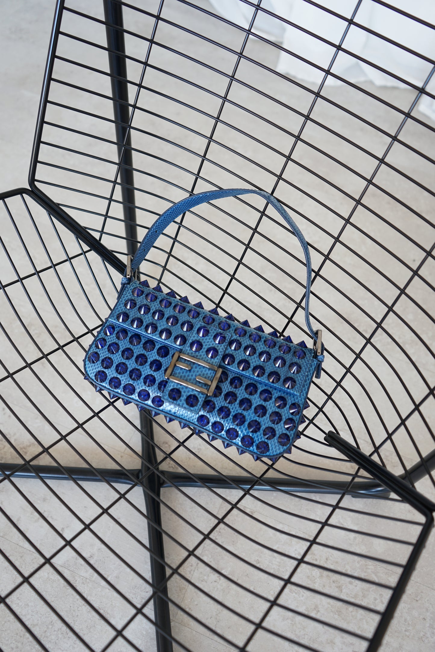 Fendi 2015 Blue Snakeskin Studded Baguette